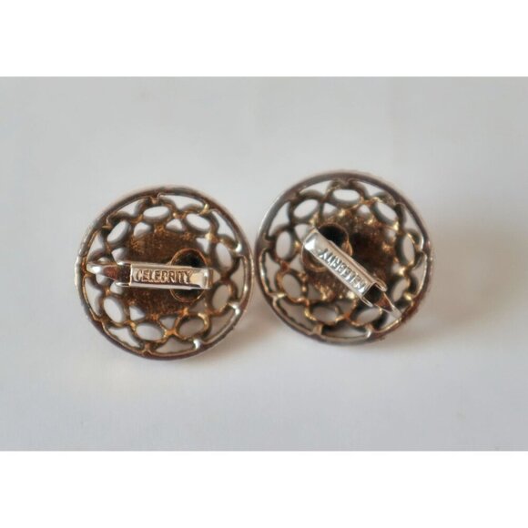 Vintage Signed Celebrity Earrings Clip On Marbled Brown Cabochon 1960's - Picture 4 of 4